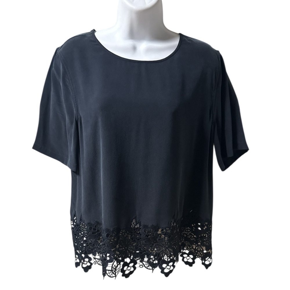 Women’s Equipment Navy  Lace Trim  Silk Blouse ‎ Size : Medium